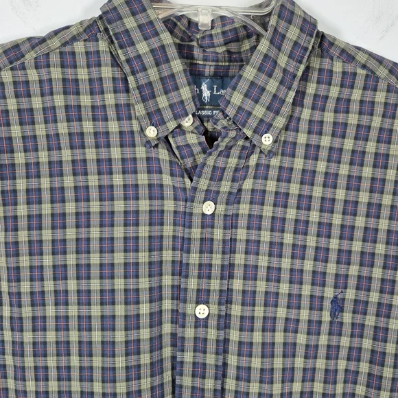 Ralph Lauren Men’s Green Navy Plaid Button Up Long Sleeve Shirt Size Large - Picture 2 of 11